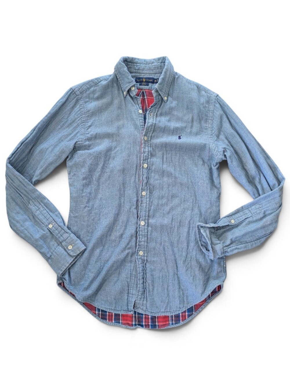 Ralph Lauren Shirt Mens M Slim Blue Chambray Flannel Lined Long Sleeve Button